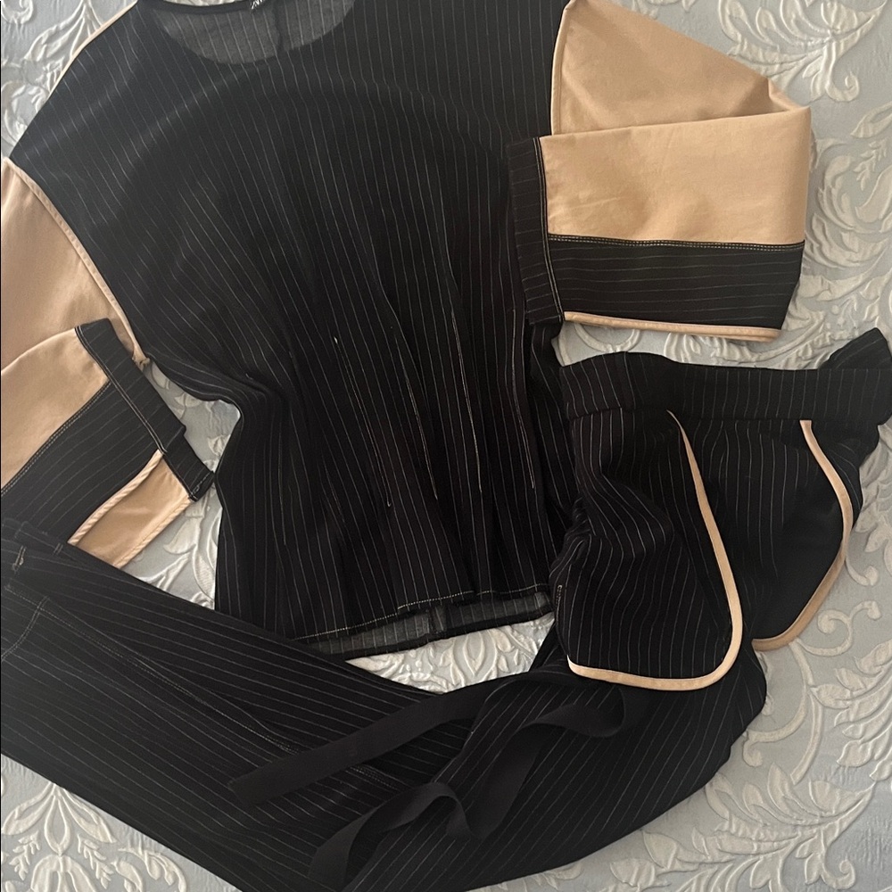 ZARA - Black and Tan Striped Two-Piece Set